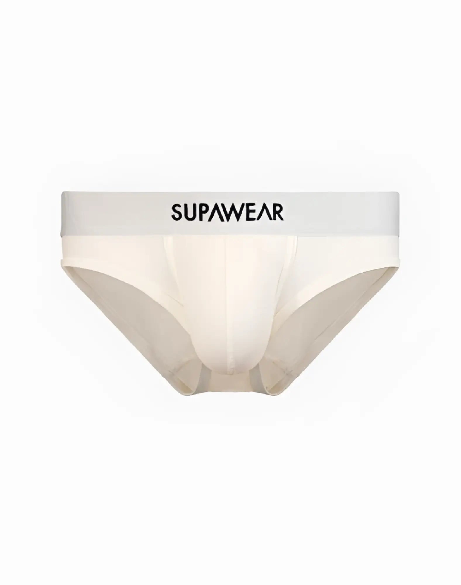 Cream-colored supawear neon briefs with a white waistband featuring black lettering in ivory color