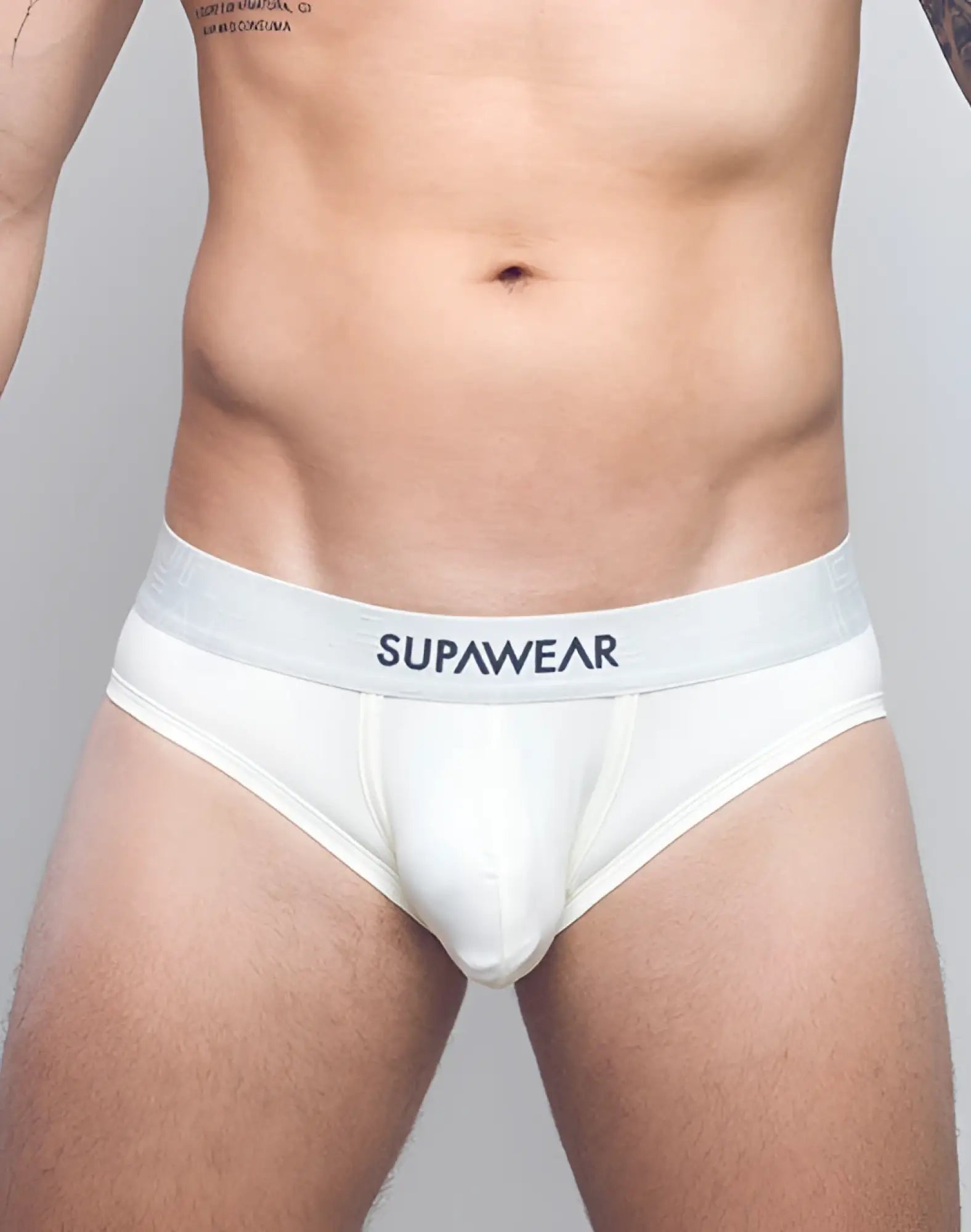 White supawear neon brief underwear with light gray waistband and black supawear logo for comfortable daily wear