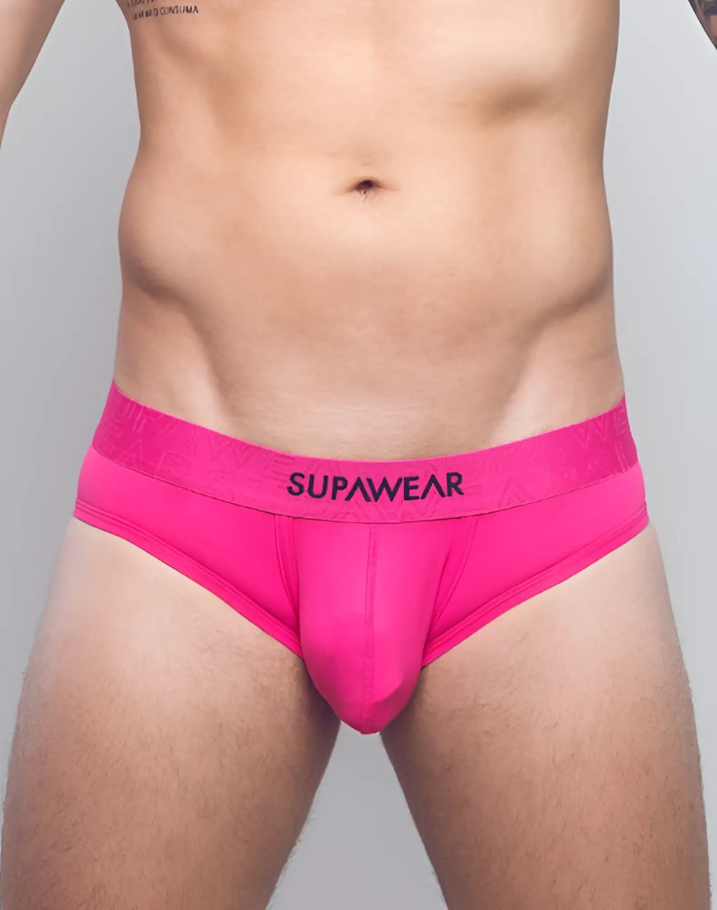 Neon pink supawear briefs with a snug fit and elastic waistband for comfortable everyday wear