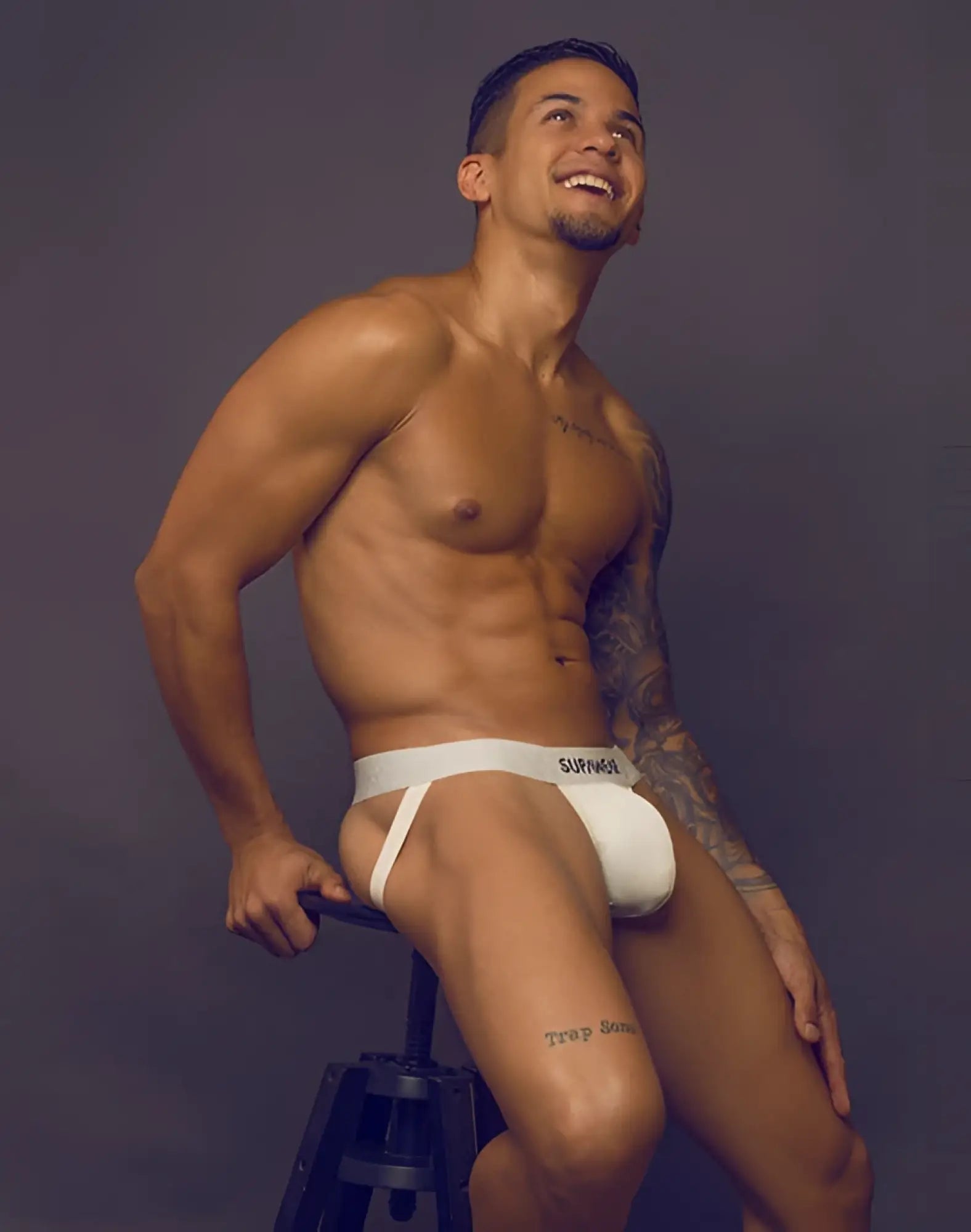 White cotton supawear neon jockstrap underwear ivory with survivor printed in black on the waistband
