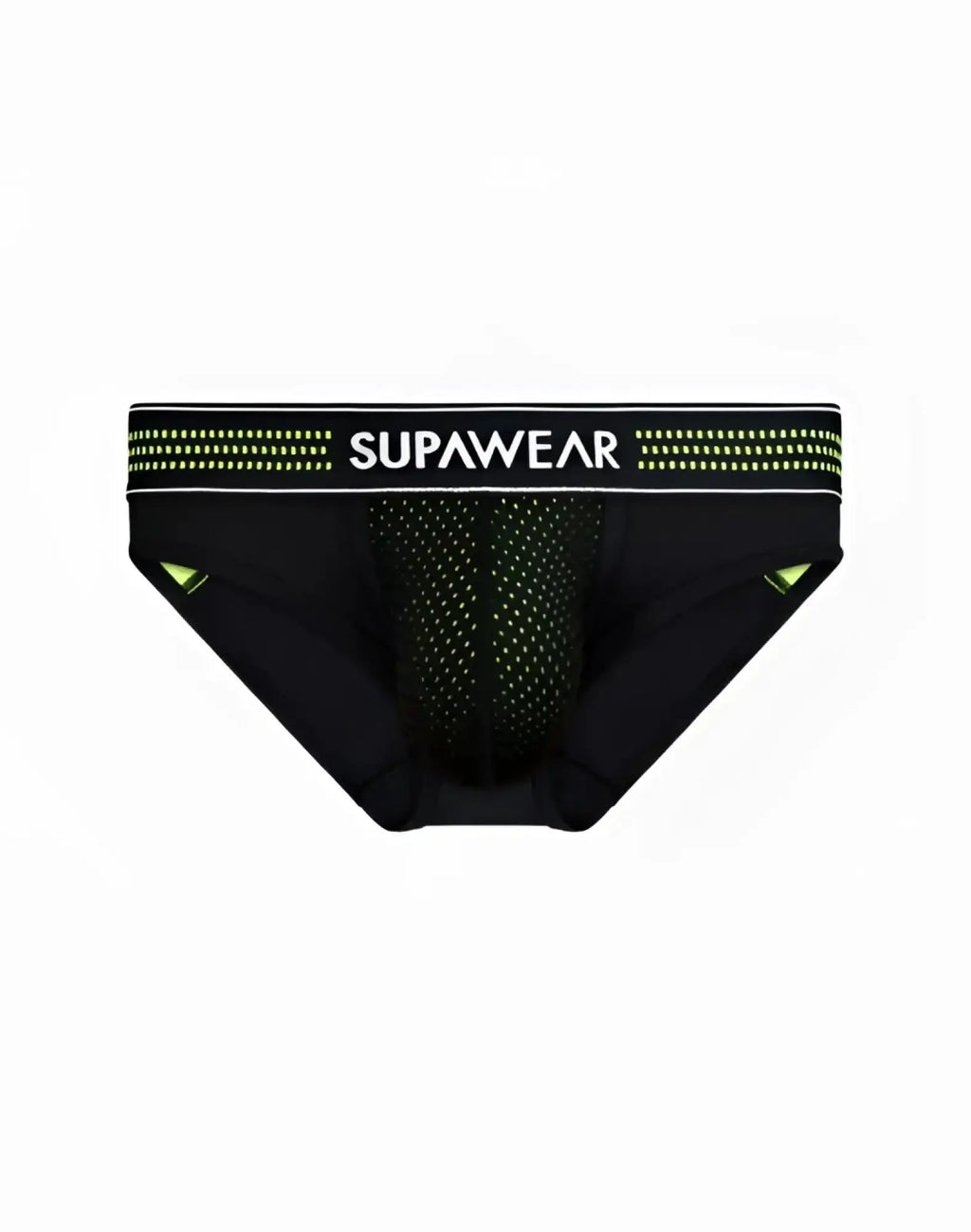 Black supawear neon mesh brief underwear with neon green mesh detailing and matching waistband for athletic use