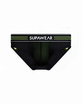 Black supawear neon mesh brief underwear with neon green mesh detailing and matching waistband for athletic use