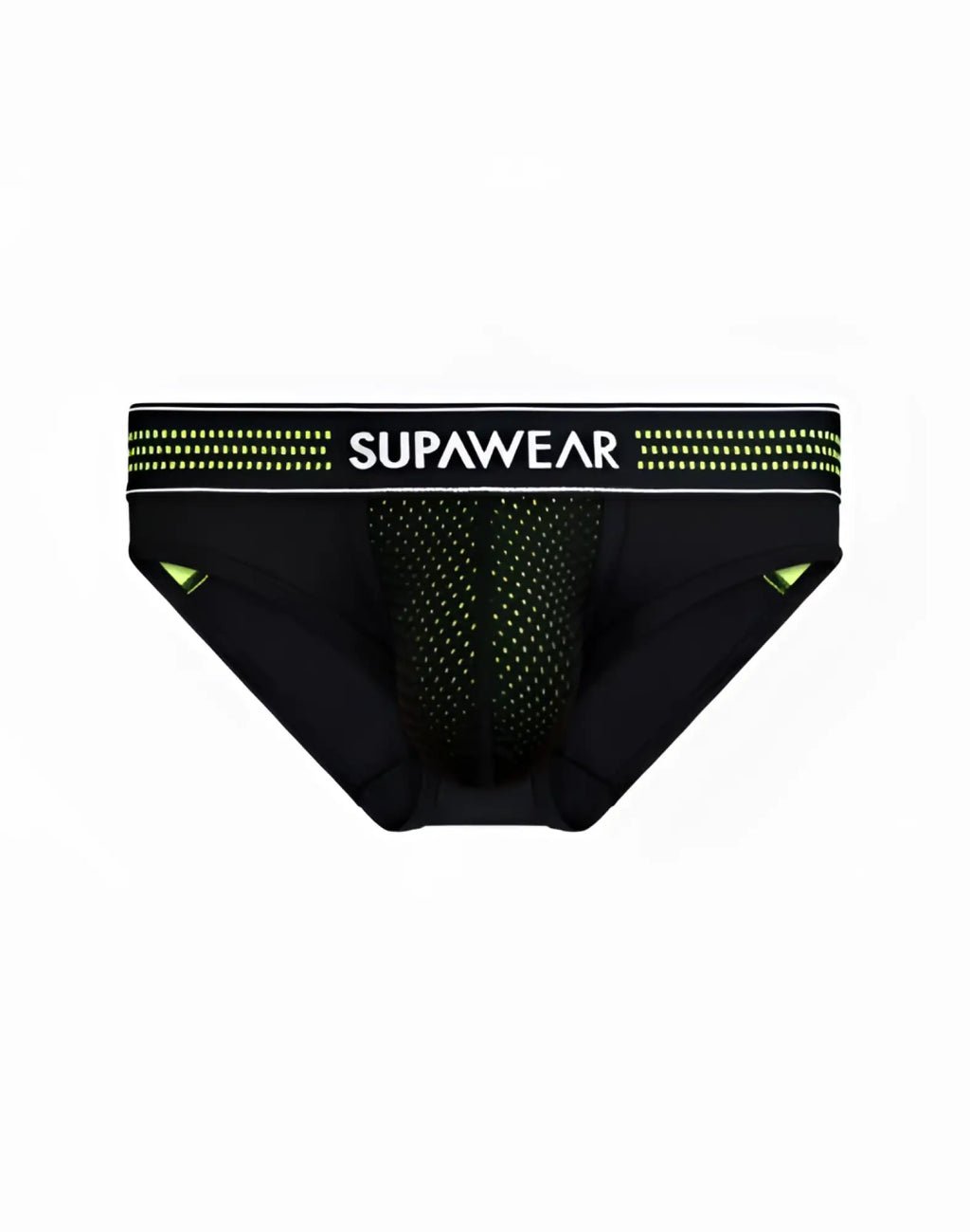 Black supawear neon mesh brief underwear with neon green mesh detailing and matching waistband for athletic use