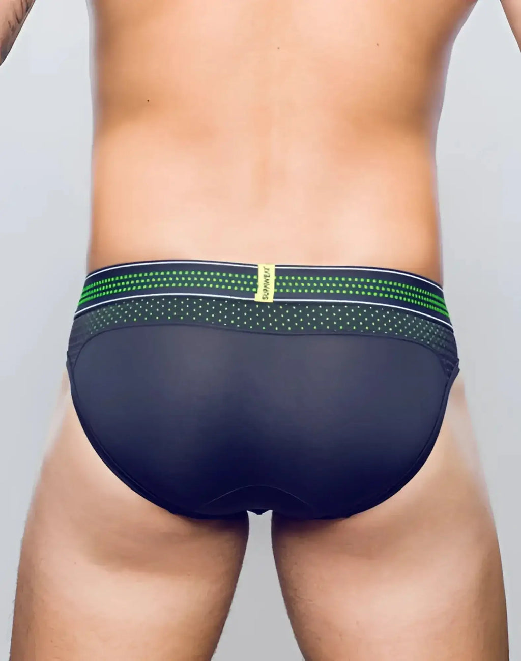 Black supawear neon mesh brief underwear with green and white patterned waistband and rummage brand label