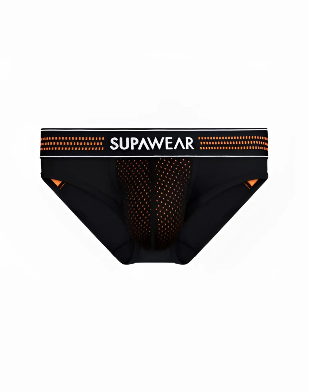 Black supawear neon mesh briefs with orange mesh detailing and contrasting waistband for athletic use