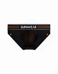 Black supawear neon mesh briefs with orange mesh detailing and contrasting waistband for athletic use