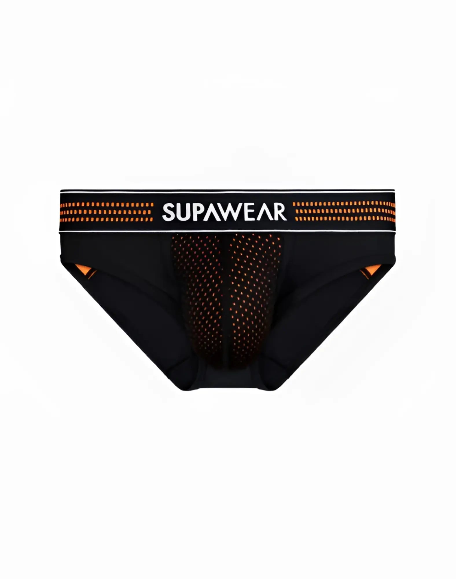 Black supawear neon mesh briefs with orange mesh detailing and contrasting waistband for athletic use