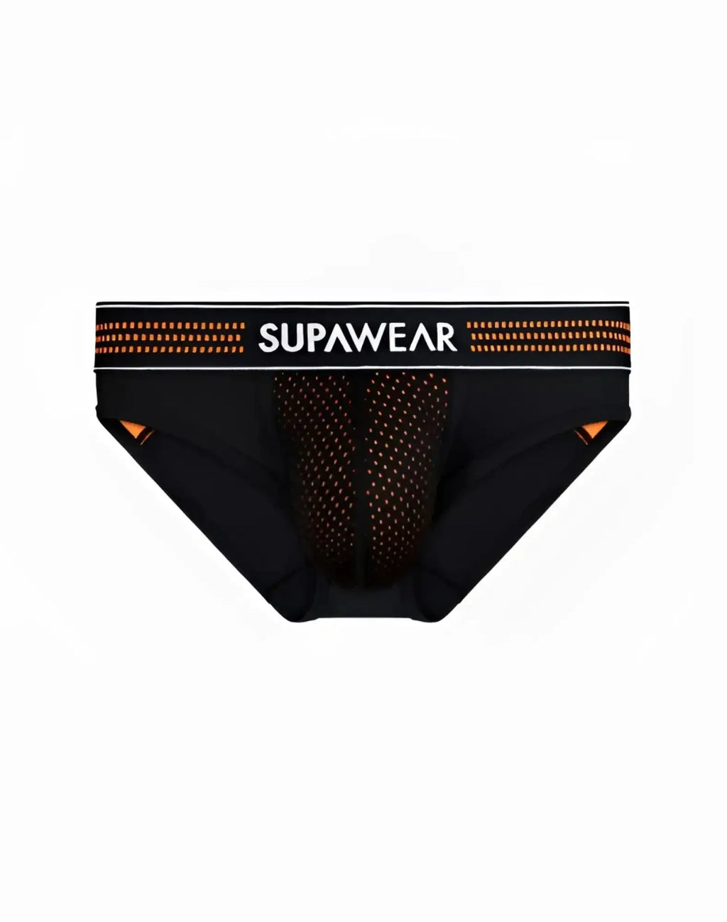 Black supawear neon mesh briefs with orange mesh detailing and contrasting waistband for athletic use