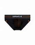 Black supawear neon mesh briefs with orange mesh detailing and contrasting waistband for athletic use