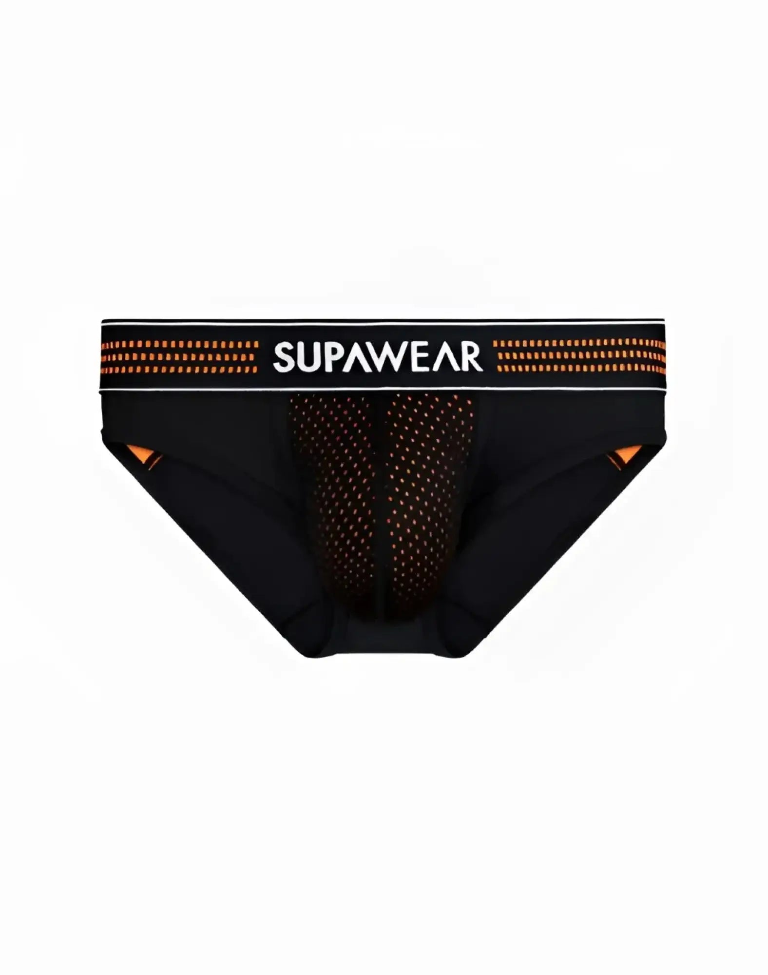 Black supawear neon mesh briefs with orange mesh detailing and contrasting waistband for athletic use