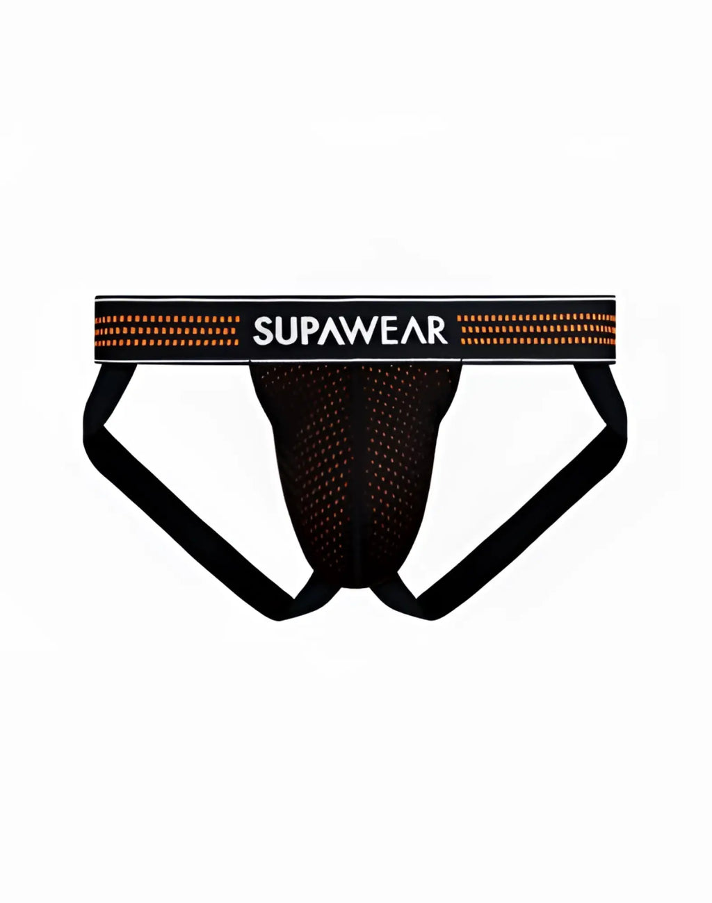 Black mesh supawear briefs with brand logo waistband and orange dotted accents from neon mesh jockstrap underwear