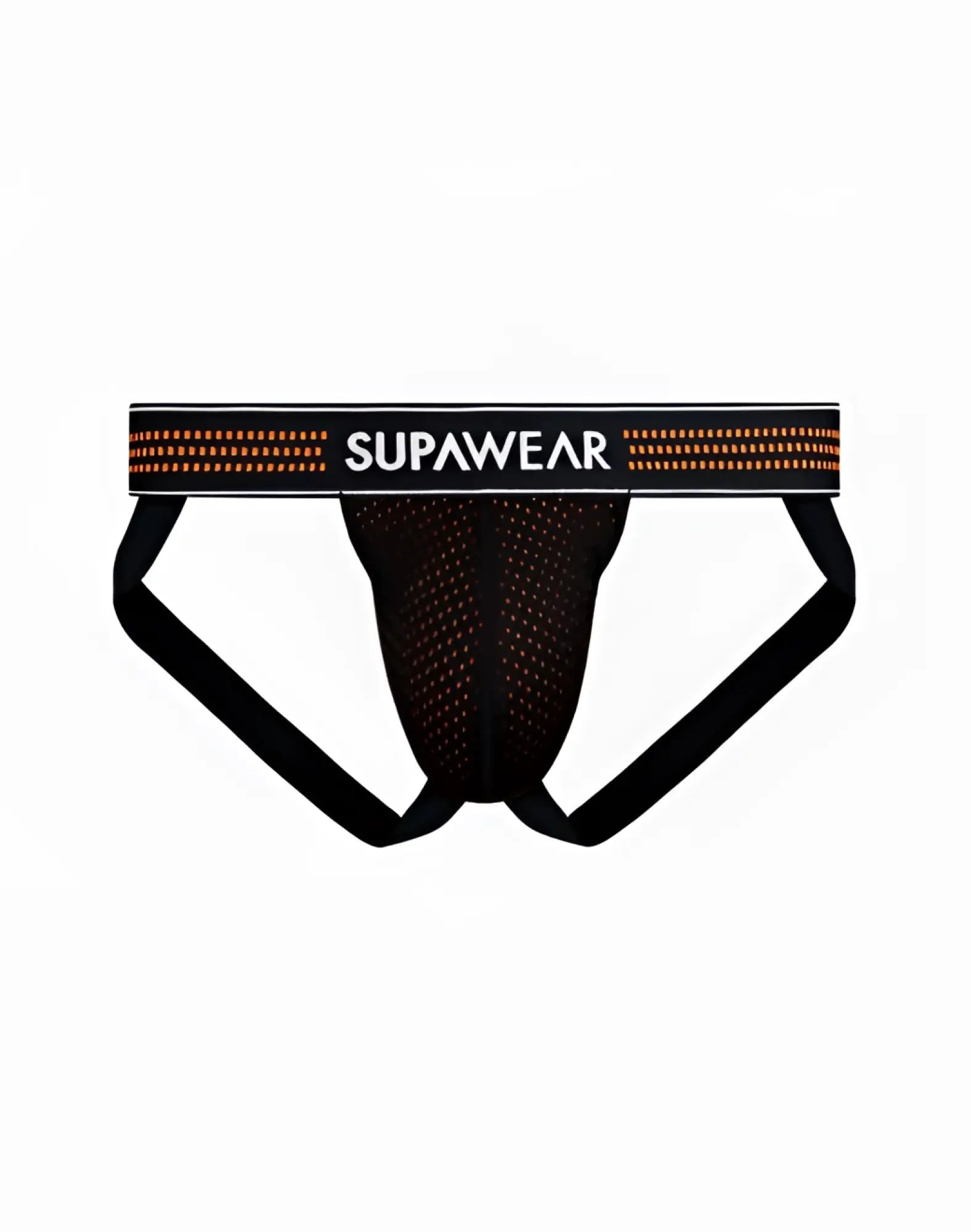 Black mesh supawear briefs with brand logo waistband and orange dotted accents from neon mesh jockstrap underwear