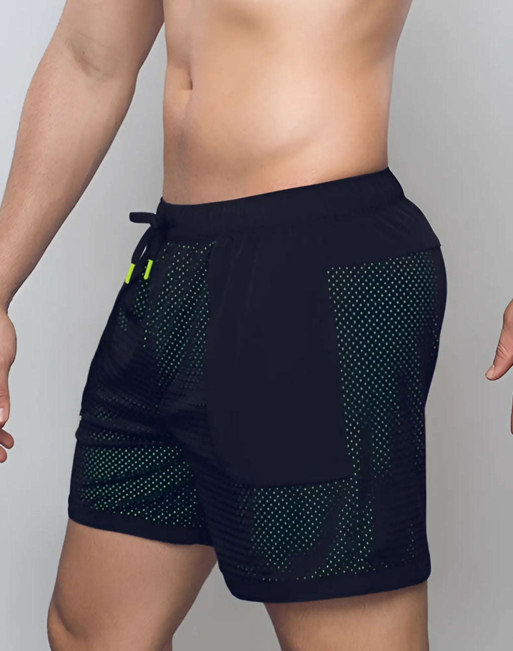 SupaWear neon mesh shorts black with green perforations and neon yellow drawstring accents for athletic use