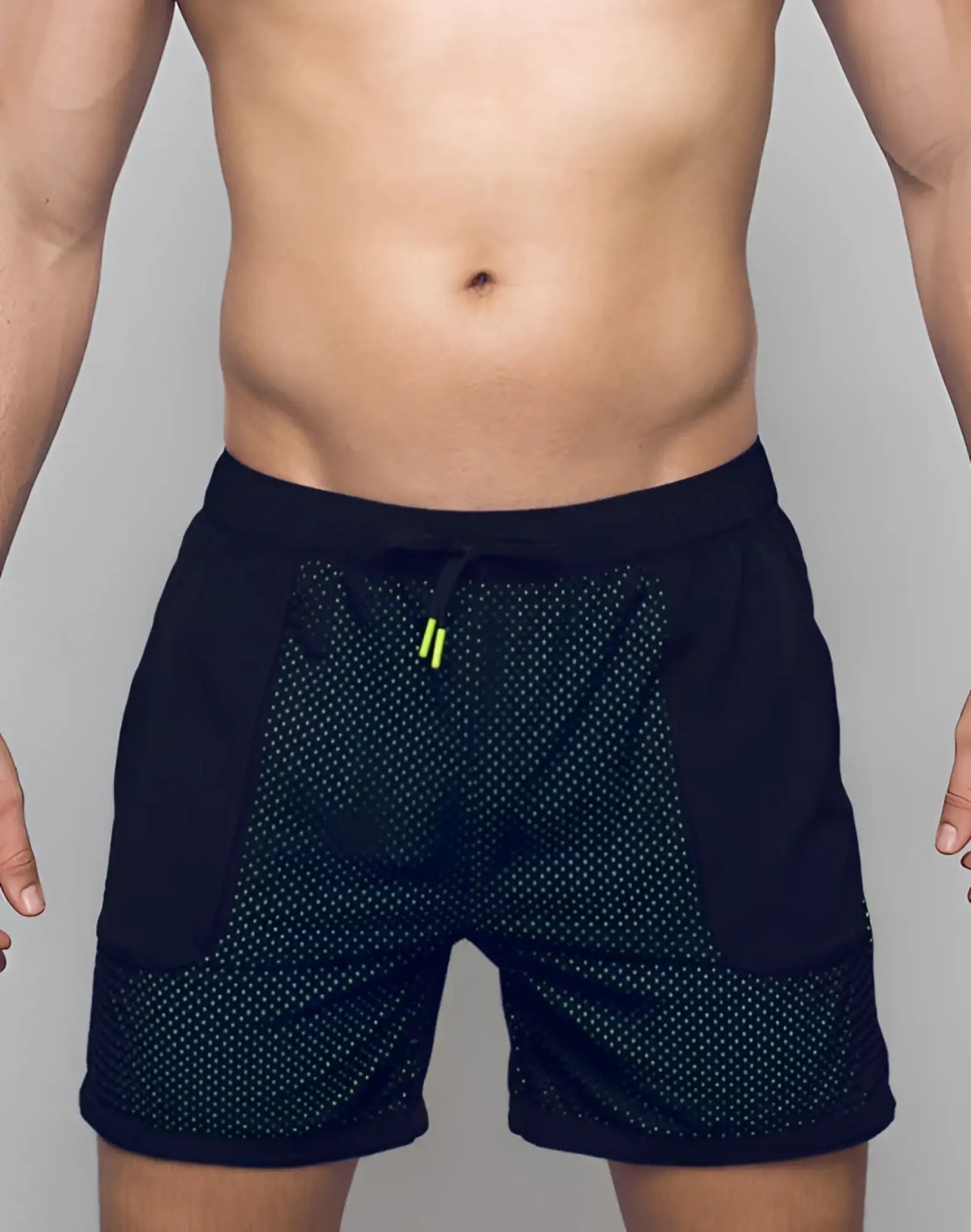SupaWear neon mesh shorts black with perforated mesh design and neon green drawstring accents for athletic use