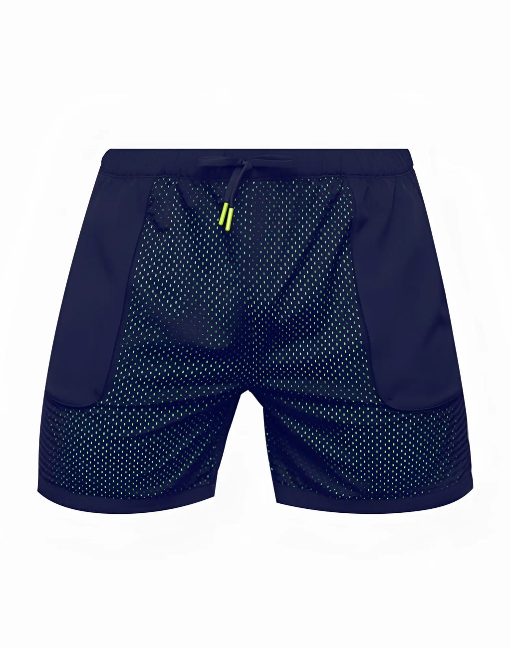 SupaWear neon mesh shorts black neon navy blue athletic shorts with perforated mesh and neon green drawstring accents