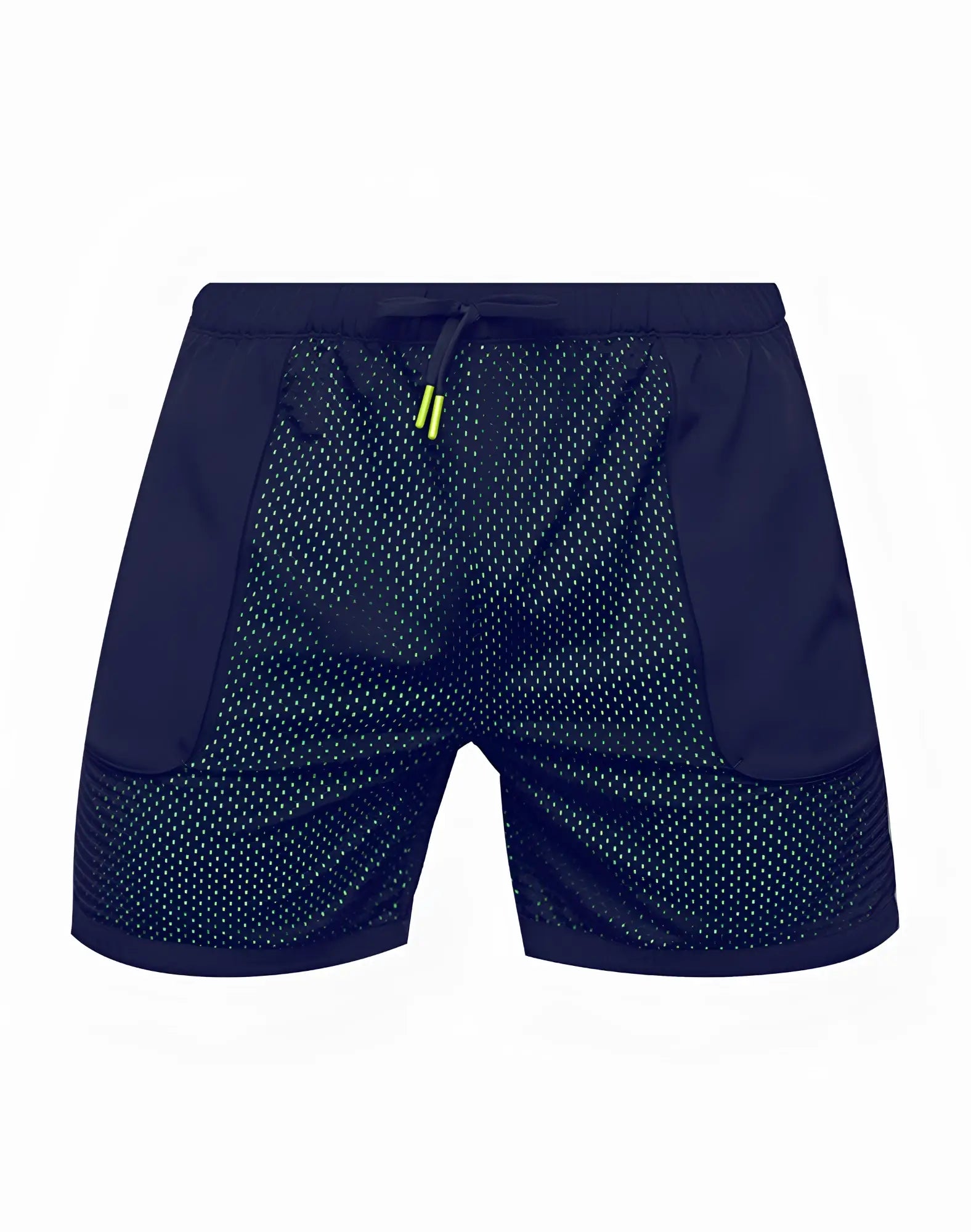 SupaWear neon mesh shorts black neon navy blue athletic shorts with perforated mesh and neon green drawstring accents