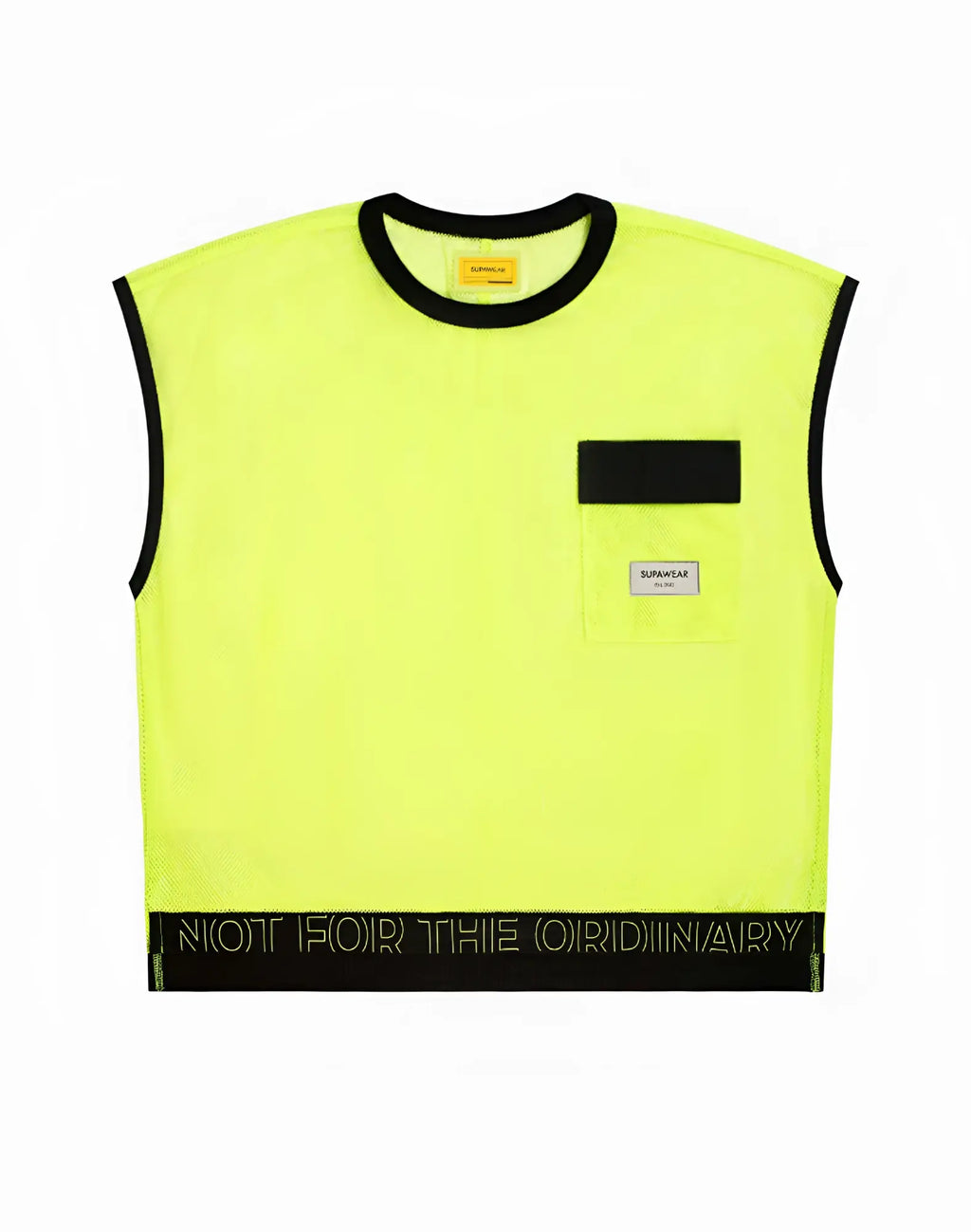 Supawear neon mesh sleeveless top in bright neon yellow with black trim chest pocket and not for the ordinary hem print