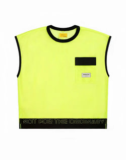 Supawear neon mesh sleeveless top in bright neon yellow with black trim chest pocket and not for the ordinary hem print