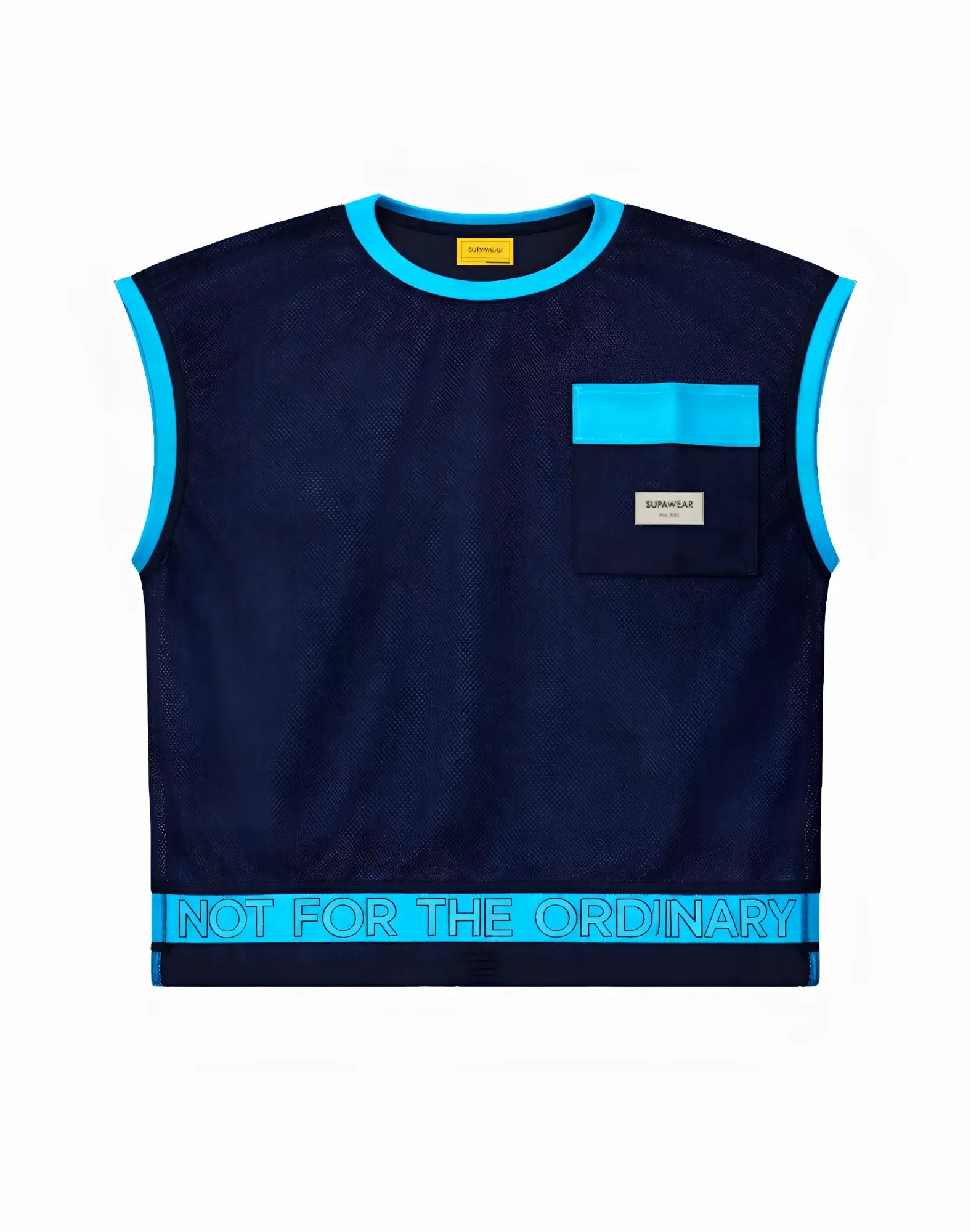 Navy blue sleeveless mesh top with bright cyan trim and supakar brand label front pocket from SUPAWEAR Neon Mesh Top collection