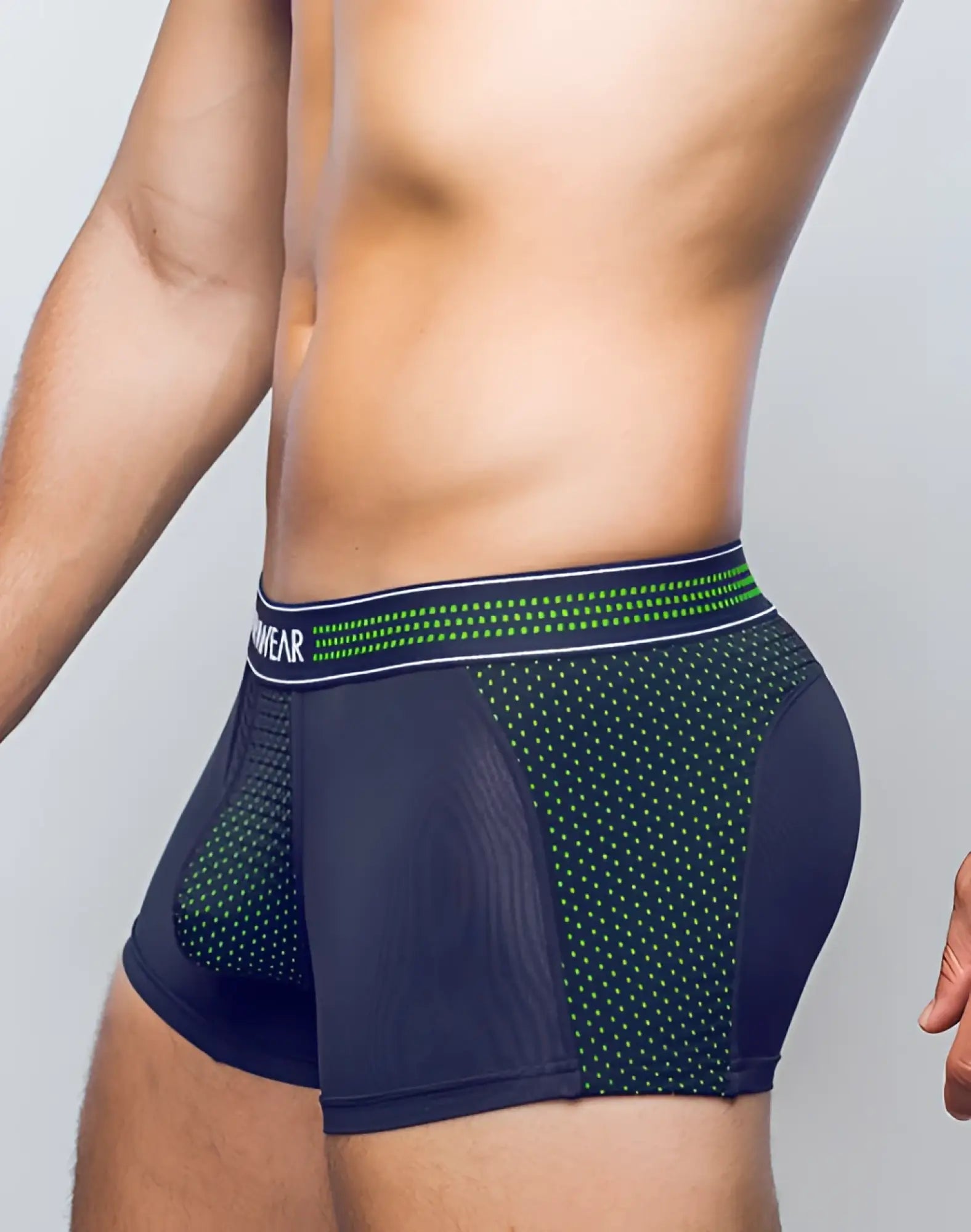 Dark navy supawear neon mesh trunk underwear with green dotted mesh panel and menwear logo waistband