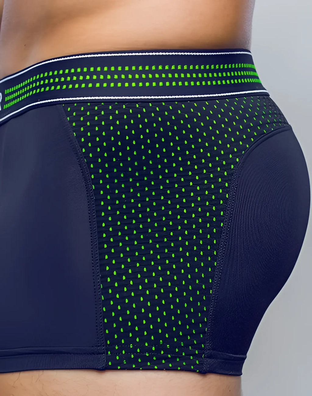 Navy blue and neon green mesh patterned SUPAWEAR neon mesh trunk underwear with striped waistband front view