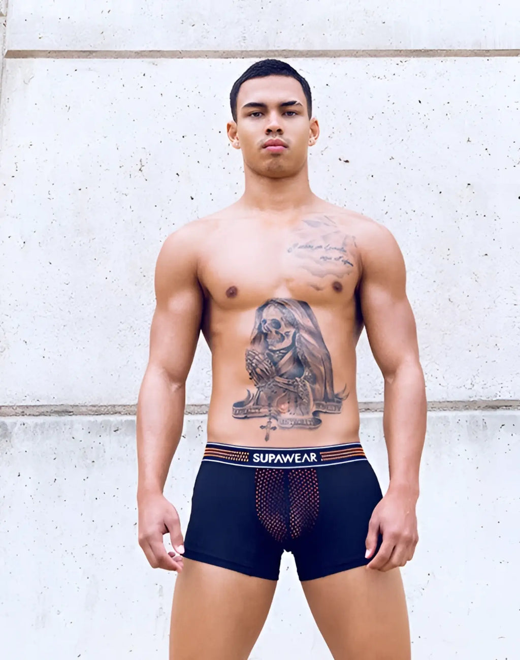 Black supawear boxer briefs with neon orange trim and breathable mesh panel from supawear neon mesh trunk underwear