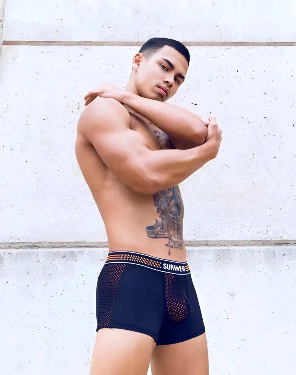 SupaWear neon mesh trunk underwear in black with neon orange breathable mesh and Supreme branded waistband
