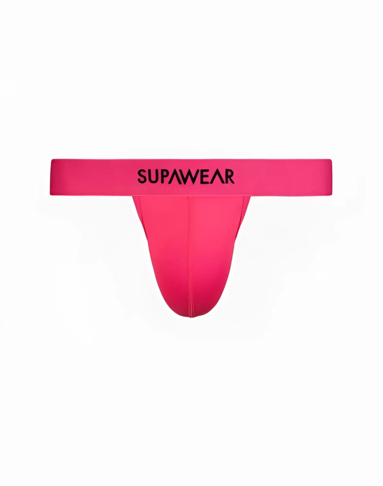 SupaWear neon thong underwear in bright pink with smooth stretchy fabric and black logo on the waistband back side