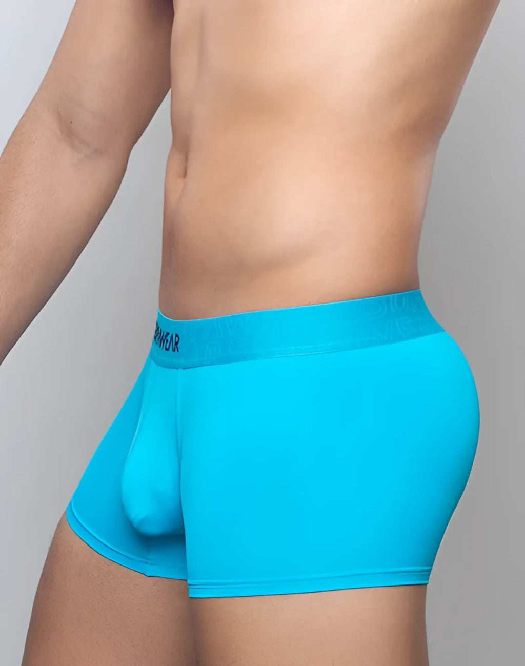 Bright turquoise supawear neon trunk men’s boxer briefs with matching barear elastic waistband for comfortable wear