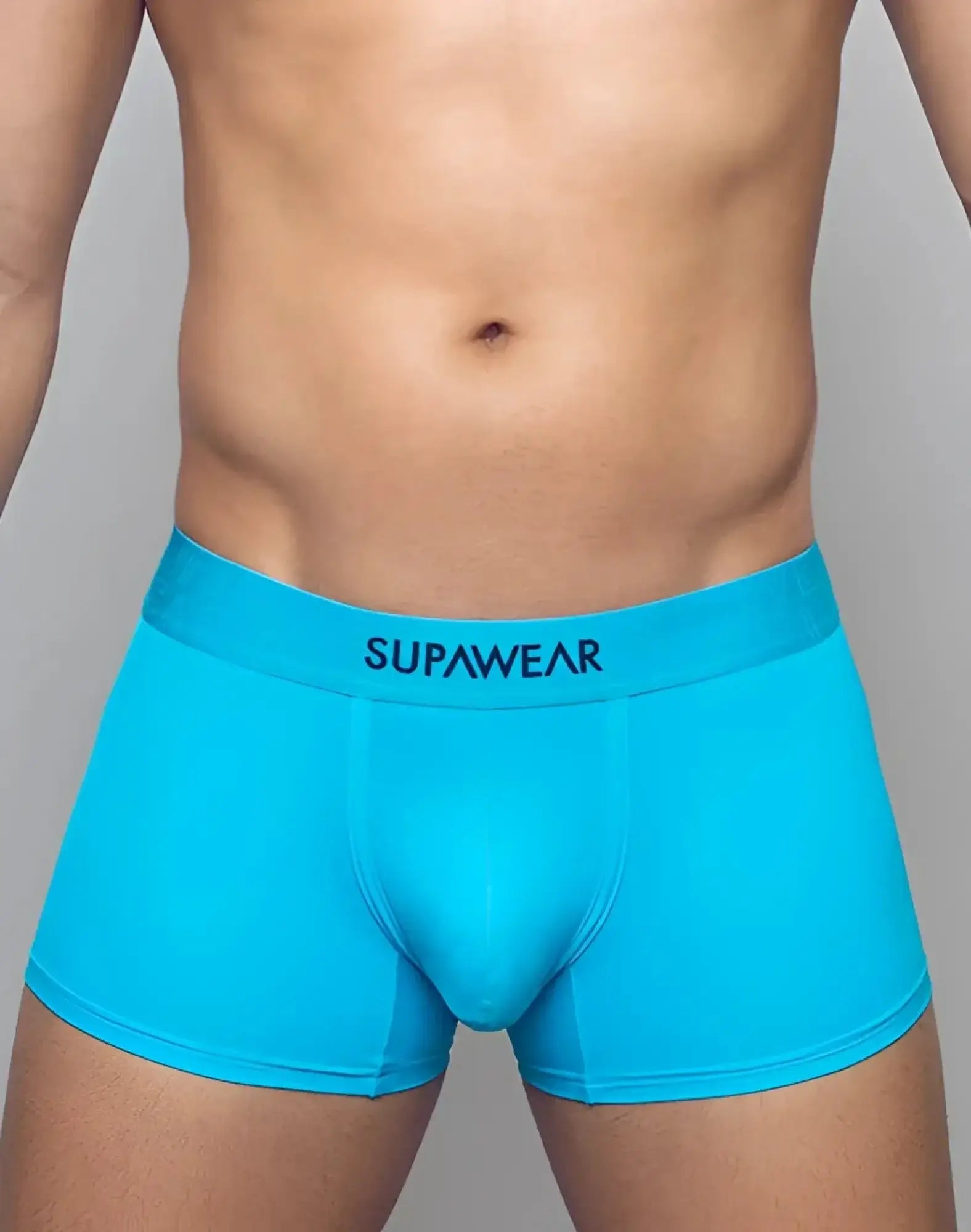 Bright turquoise supawear boxer briefs with matching elastic waistband from supawear neon trunk underwear neon blue line