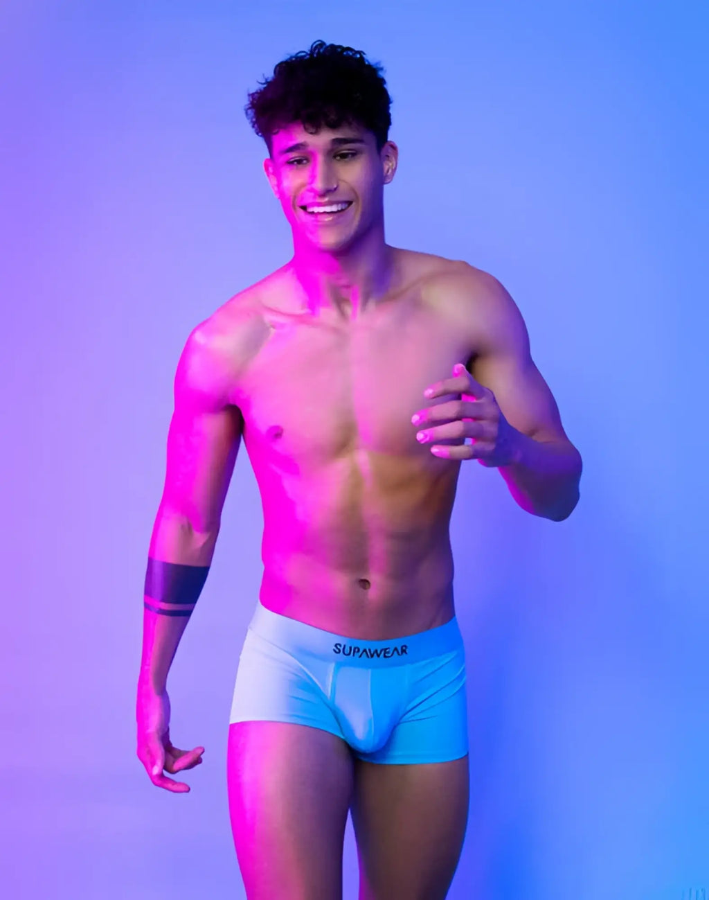 Light blue supawear neon trunk briefs with a white waistband featuring black supawear branding