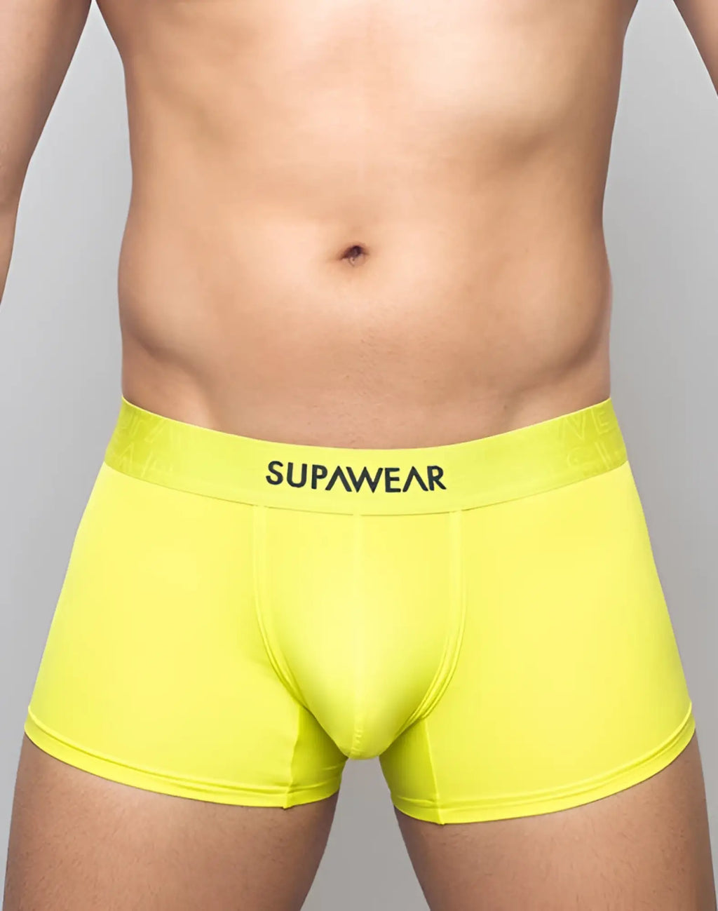 SupaWear neon trunk underwear in bright yellow supawear fabric with a matching elastic waistband for comfort