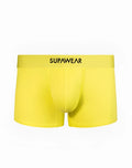 Bright yellow supawear men’s briefs with smooth form-fitting fabric and black logo waistband in cyber lime neon trunk style