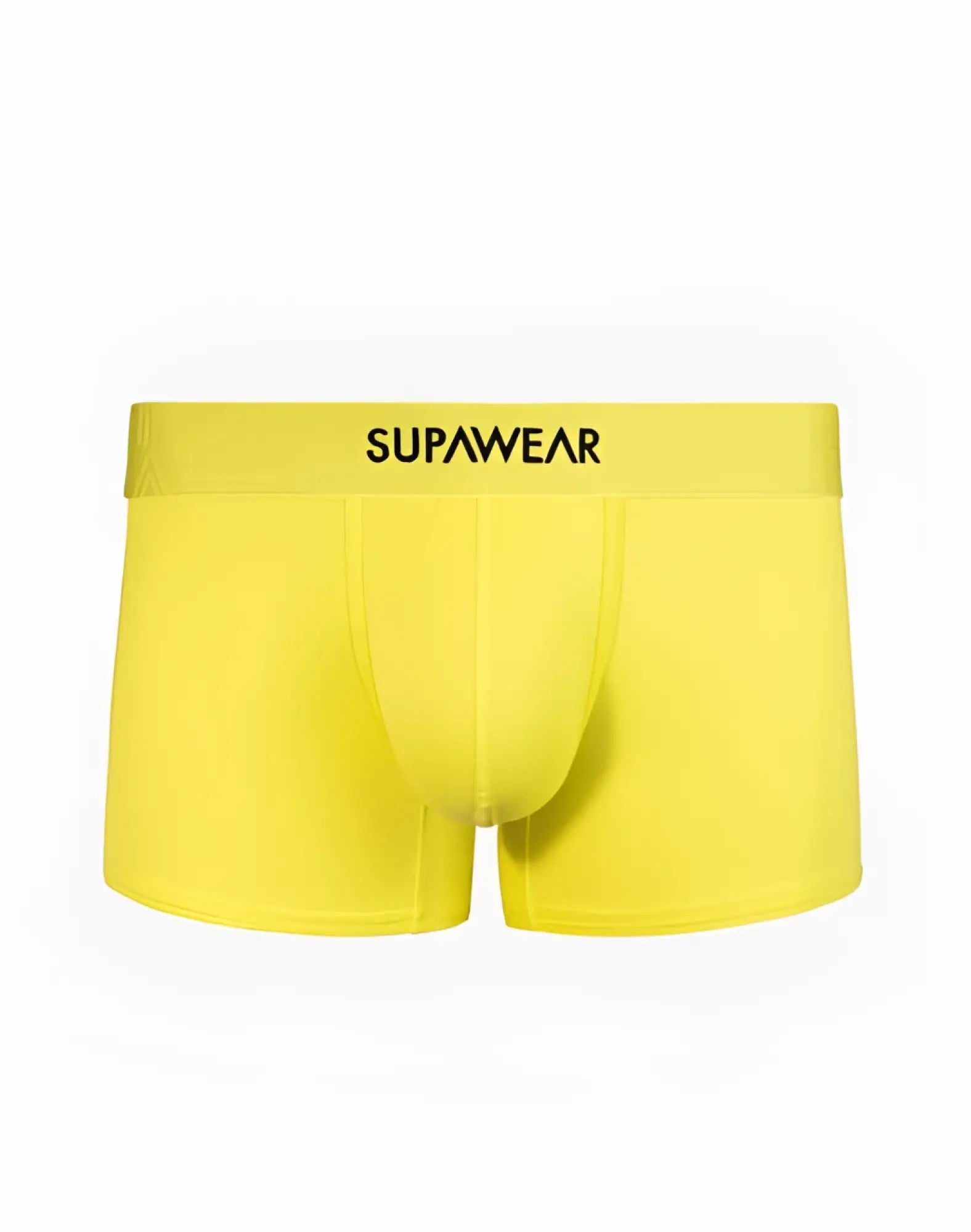 Bright yellow supawear men’s briefs with smooth form-fitting fabric and black logo waistband in cyber lime neon trunk style
