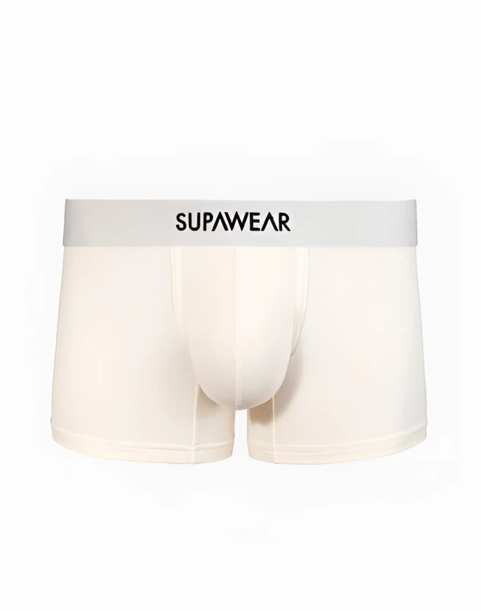 SupaWear Neon Trunk underwear ivory cream-colored boxer briefs with light gray waistband and black brand lettering
