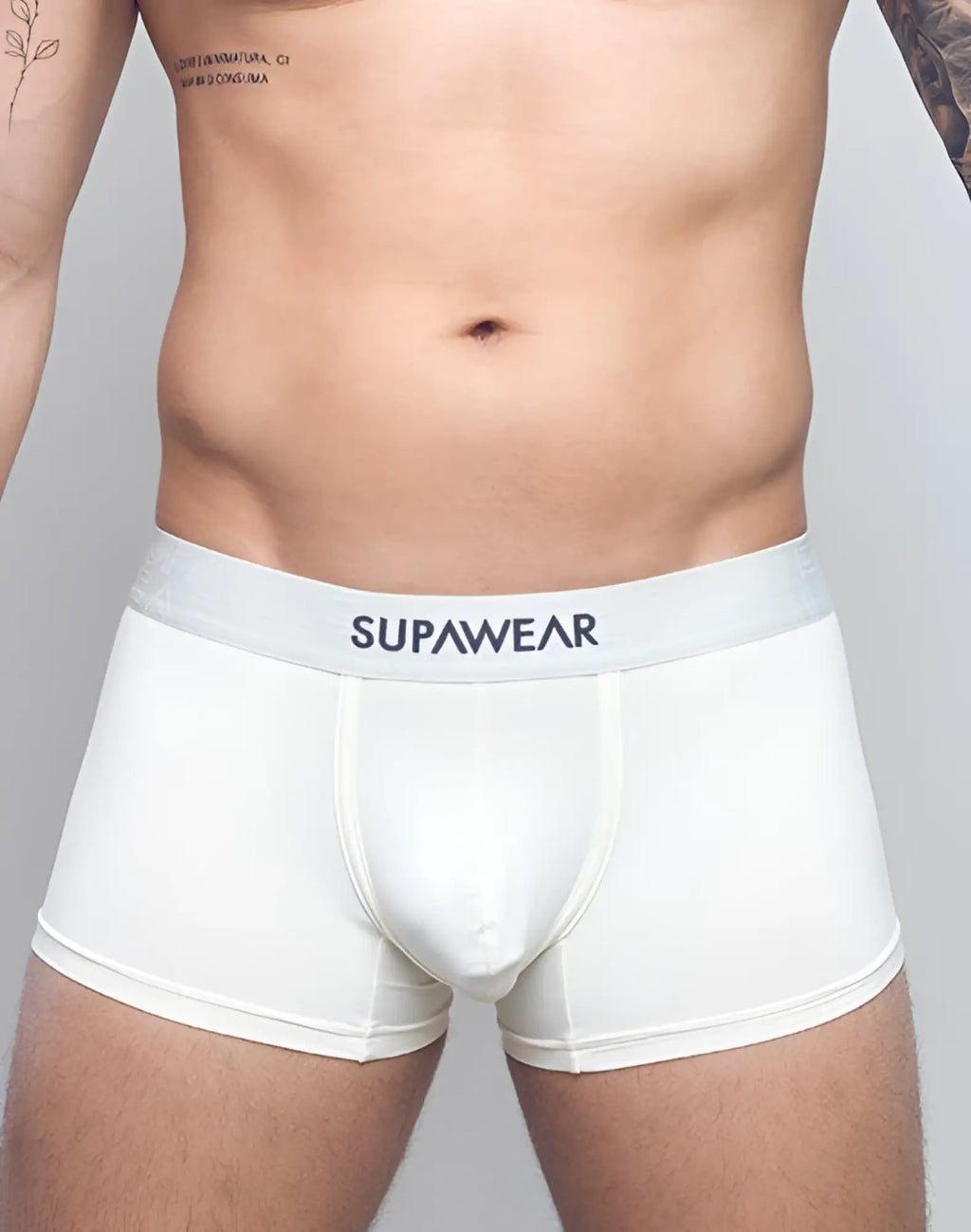 White supawear neon trunk underwear boxer briefs with light gray waistband and black supawear logo in ivory color