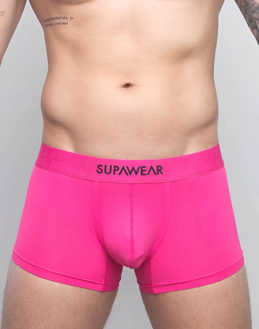 SupaWear neon pink boxer briefs with black waistband featuring brand name in a bright neon trunk style