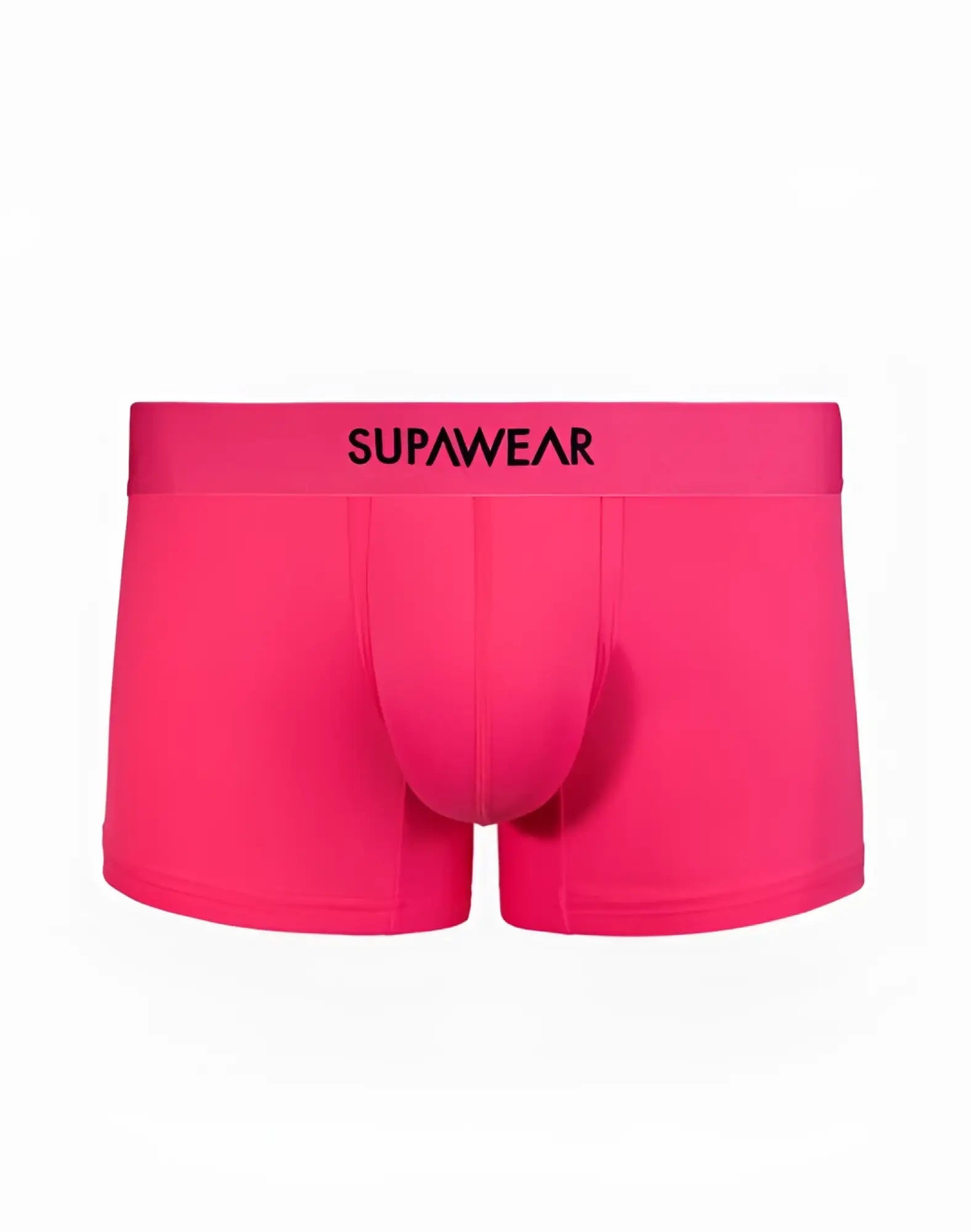 Bright pink SUPAWEAR neon trunk boxer briefs with black logo waistband designed for comfortable everyday wear