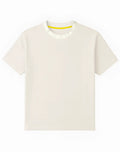 SupaWear oversized t shirt in moon beam beige cream with ribbed crew neck, subtle white lettering, and bright yellow inner band