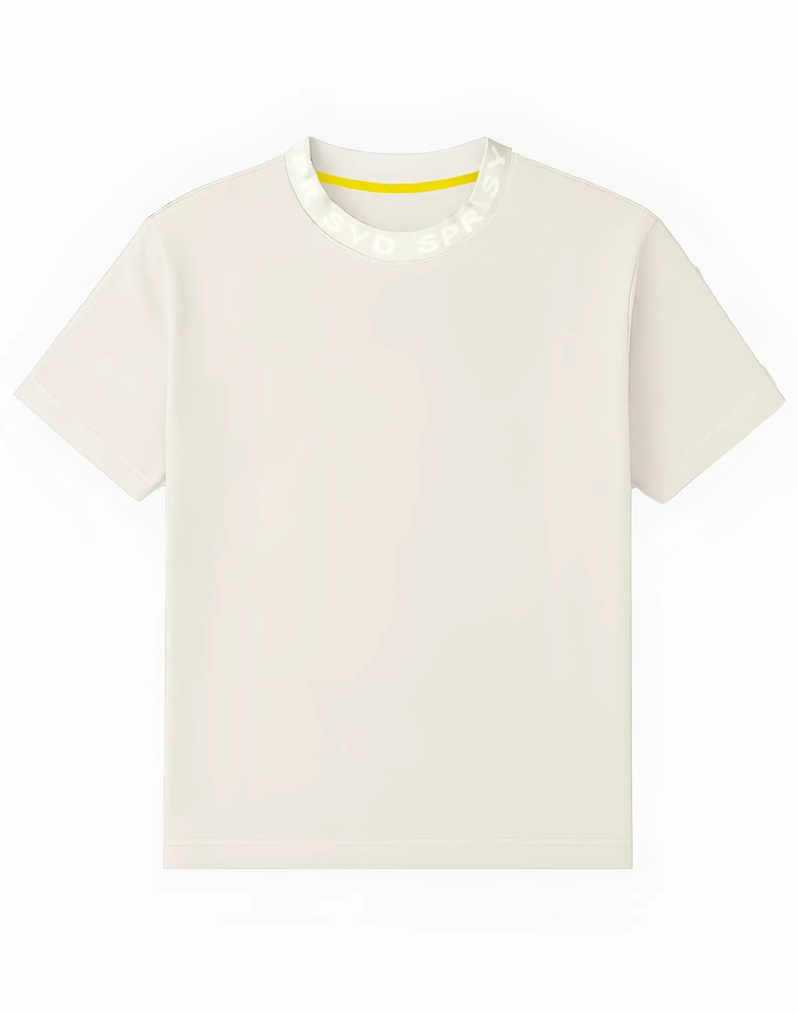 SupaWear oversized t shirt in moon beam beige cream with ribbed crew neck, subtle white lettering, and bright yellow inner band