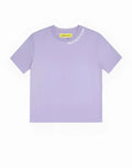 Lavender supawear oversized tee with subtle white logo along neckline and yellow brand tag at the collar