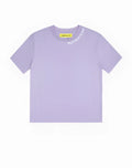 Lavender supawear oversized tee with subtle white logo along neckline and yellow brand tag at the collar