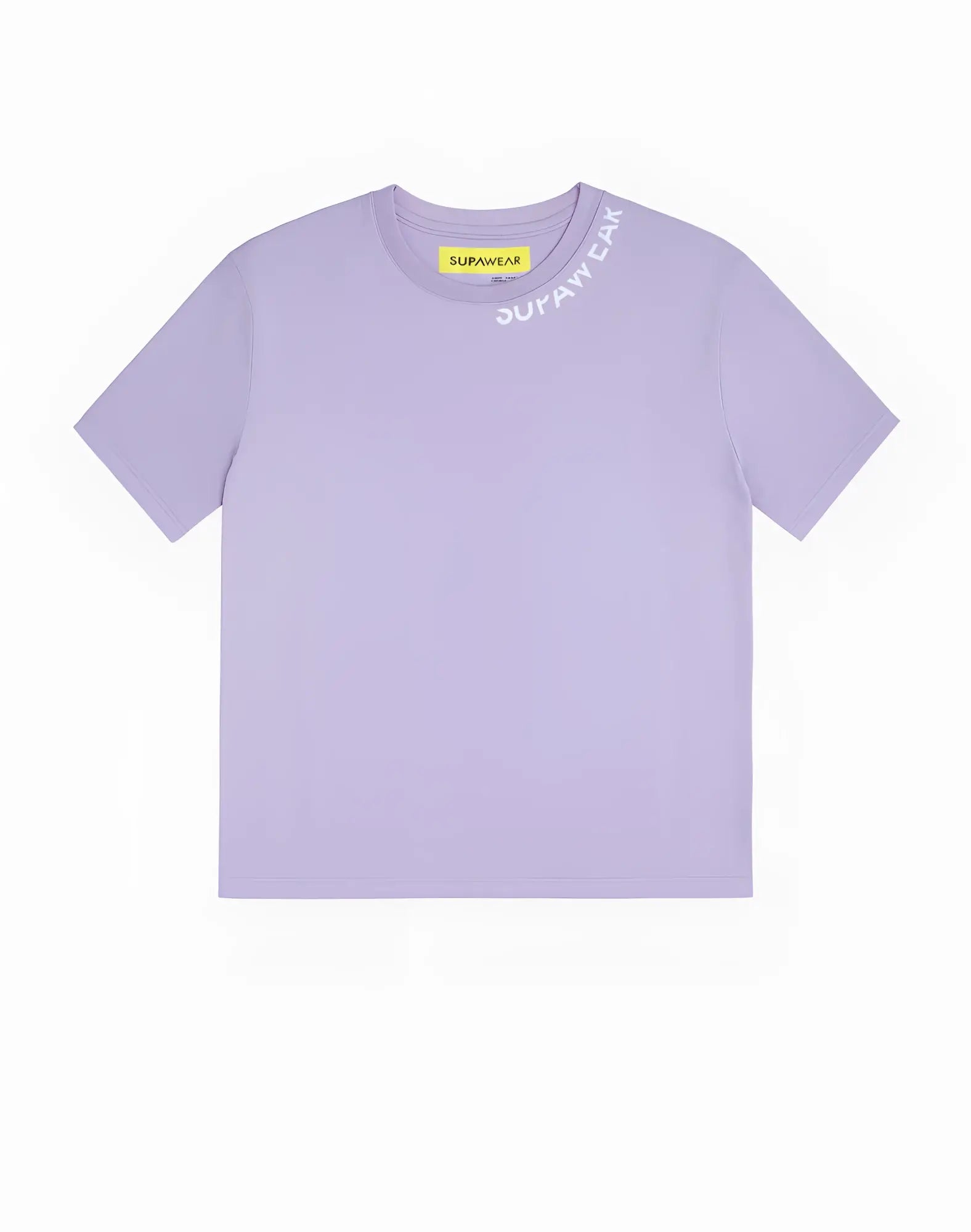 Lavender supawear oversized tee with subtle white logo along neckline and yellow brand tag at the collar