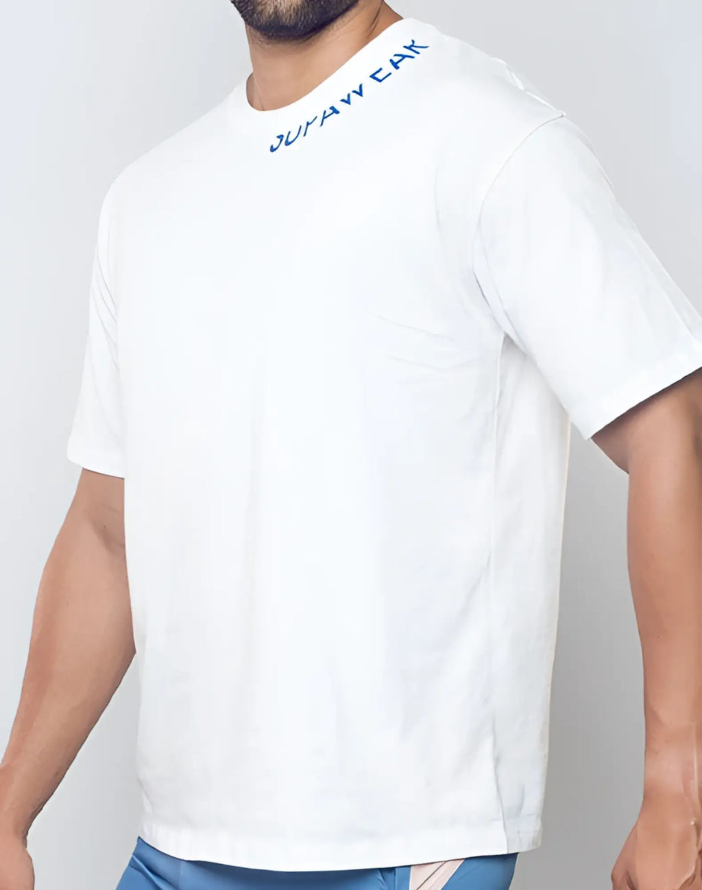 White supawear oversized crew-neck t-shirt with blue embroidered text along the neckline
