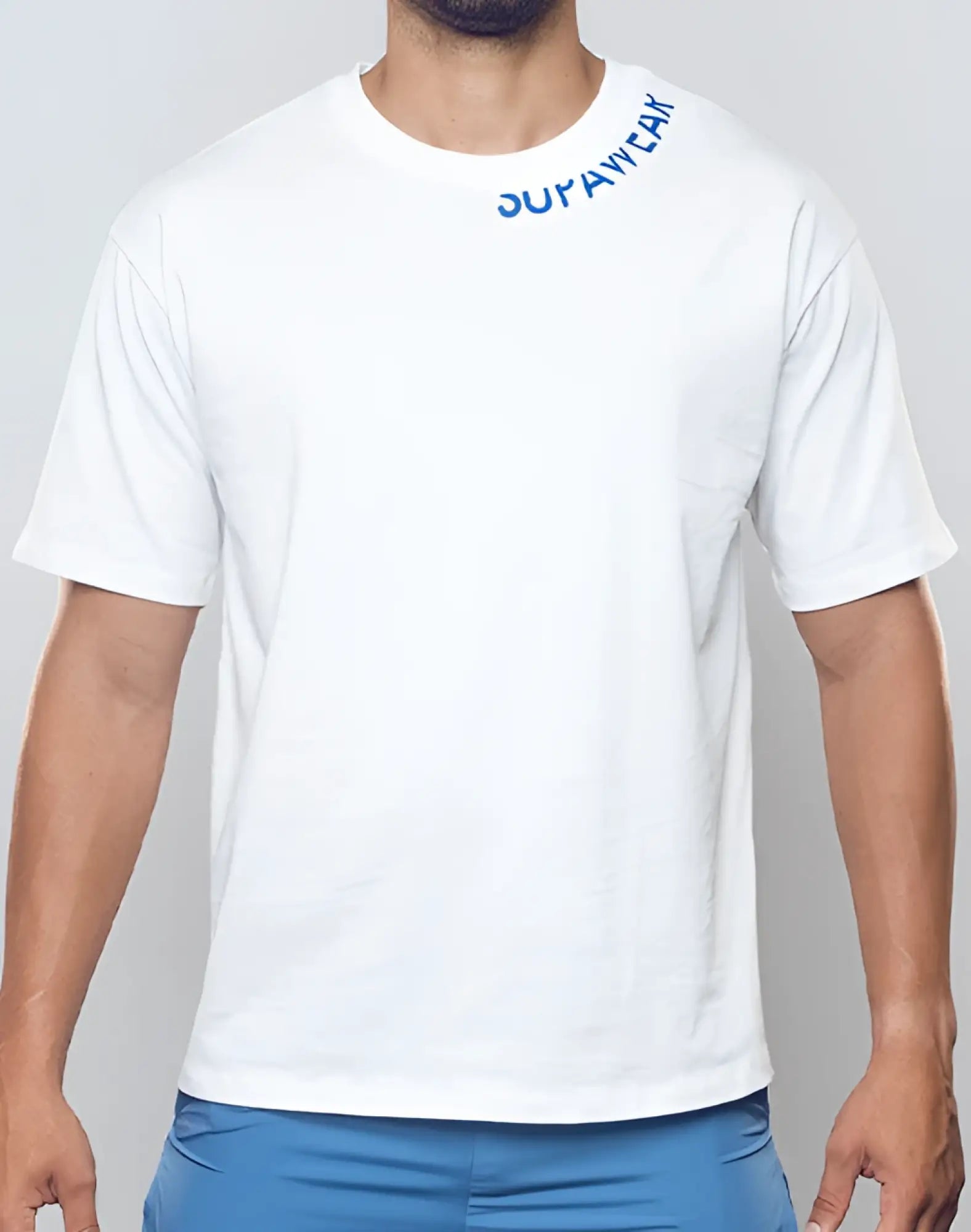 SupaWear oversized white cotton tee with blue jupaweek text along the collar short-sleeved casual shirt