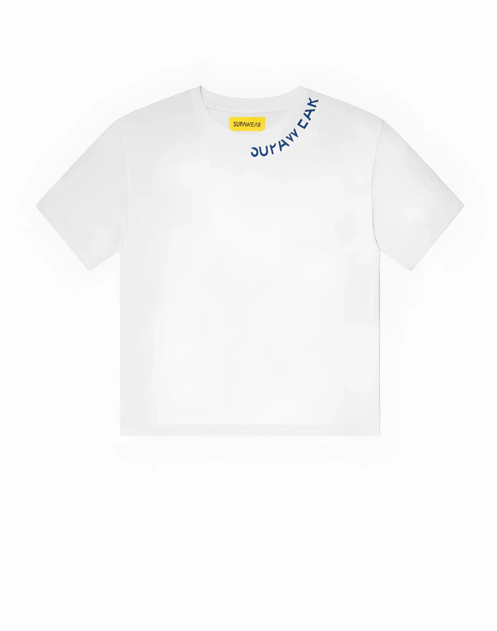 White supawear oversized tee featuring blue supawear lettering along the neckline and a yellow tag