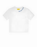 White supawear oversized tee featuring blue supawear lettering along the neckline and a yellow tag