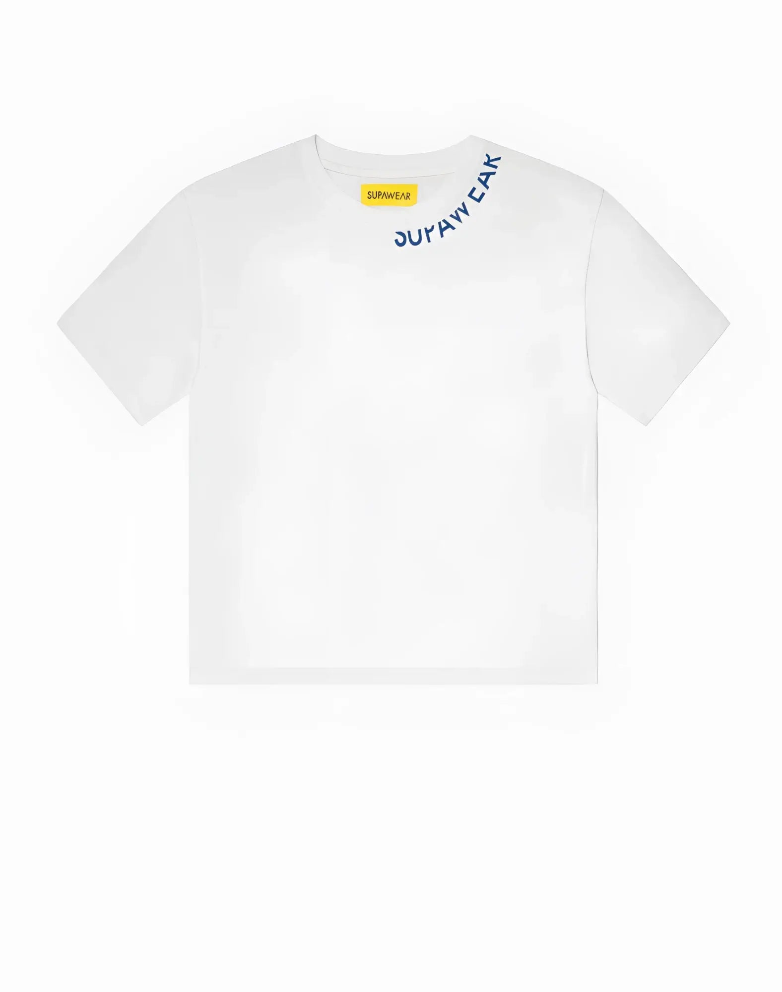 White supawear oversized tee featuring blue supawear lettering along the neckline and a yellow tag