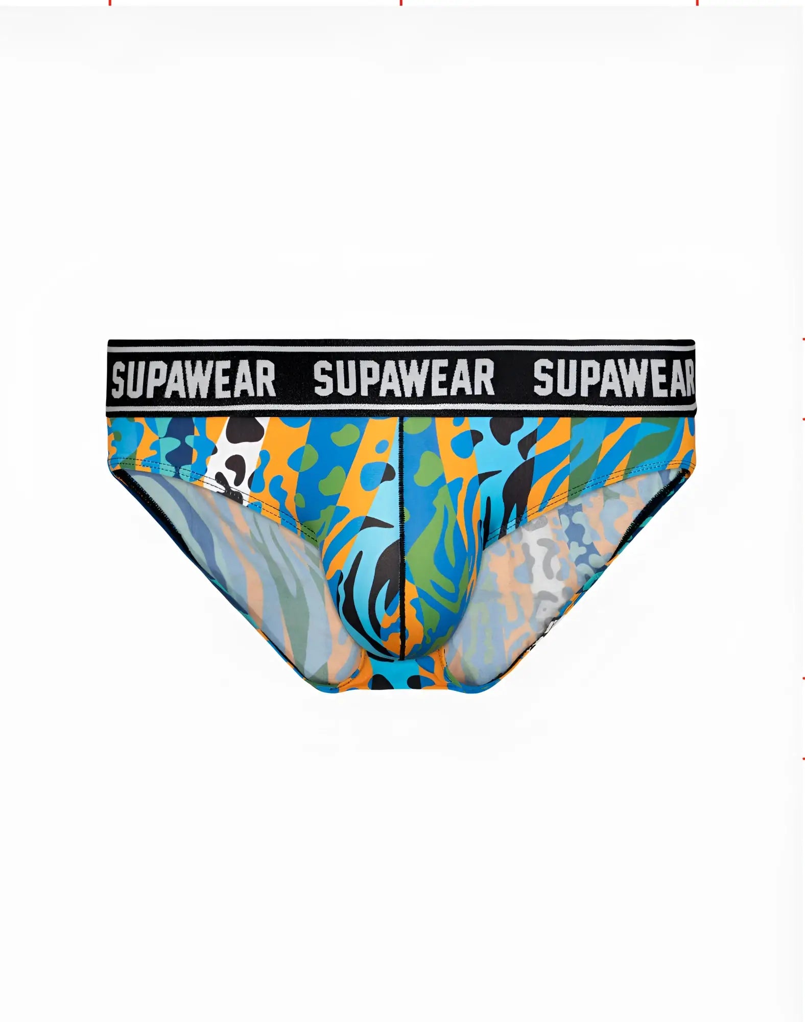 Vibrant blue orange and black patterned supawear pow brief underwear with bold logo waistband arctic animal design