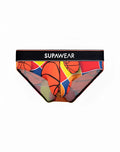 Supawea pow brief underwear with vibrant basketball-themed geometric pattern in orange red yellow and blue